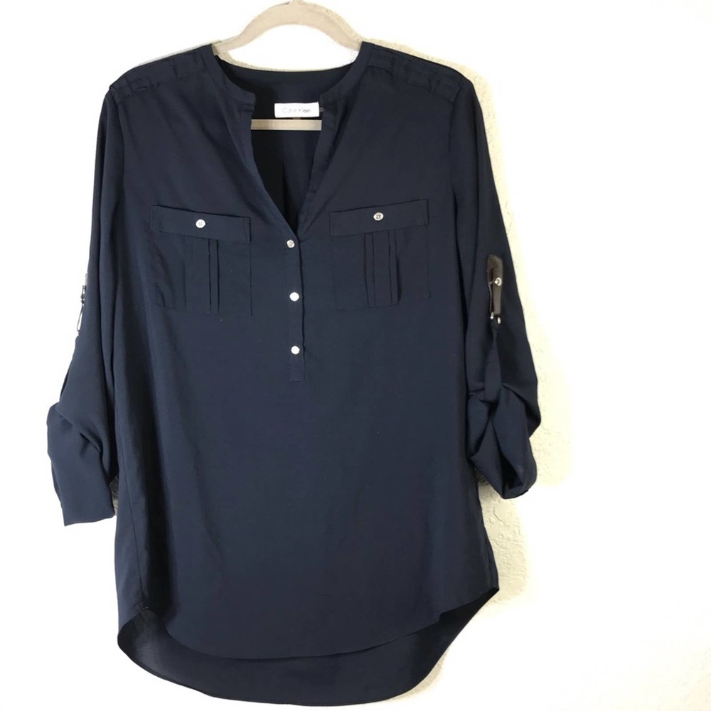 Calvin Klein Leather Detail Navy Blouse M EUC